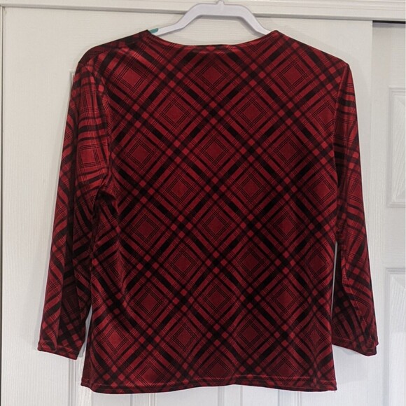 Vintage Plaid Velvet Shirt Red Black Top M Medium Kathie Lee 90s Punk Stretchy - Picture 5 of 9